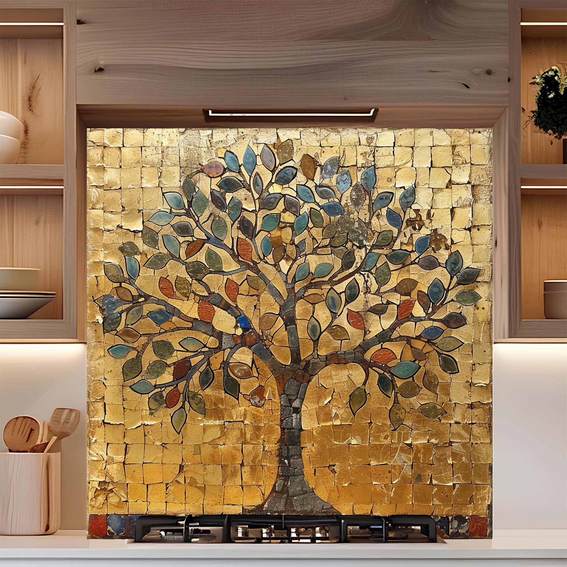 Decorative wall art of a tree with colorful leaves on a glass backsplash panel in a kitchen setting.