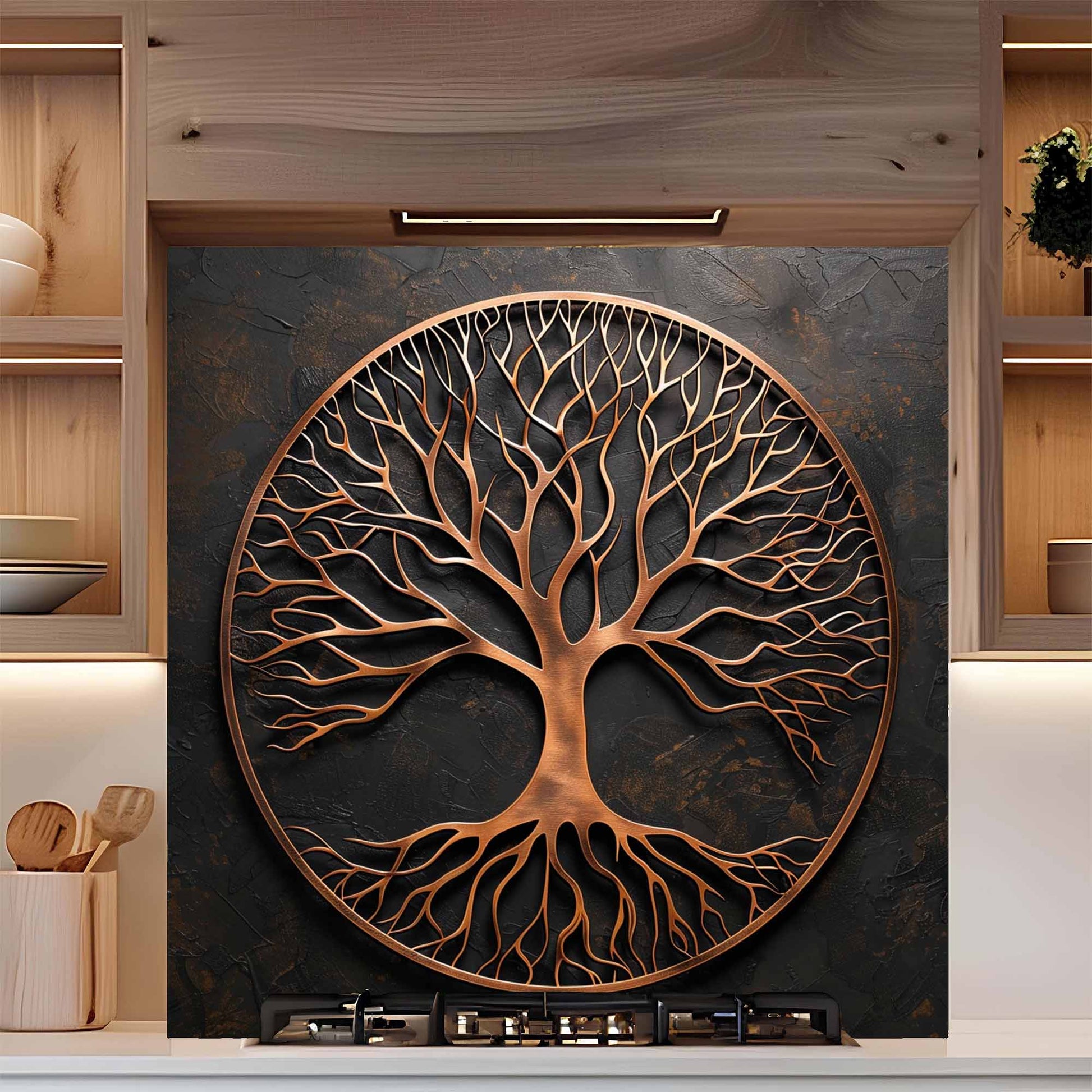 Decorative wall art with a tree design on a dark background in a kitchen setting.