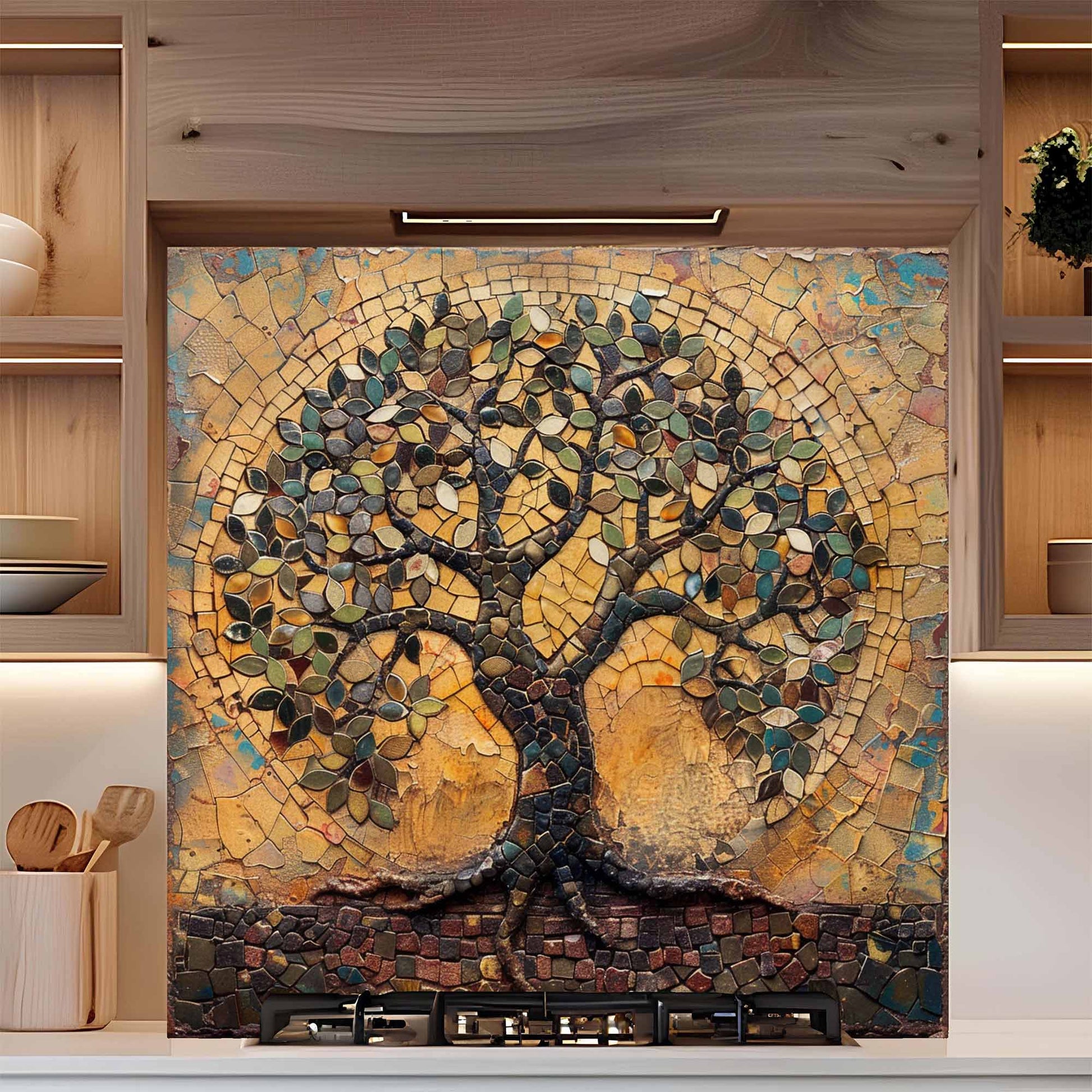 Mosaic backsplash of a tree on a kitchen wall with wooden shelves and decor.