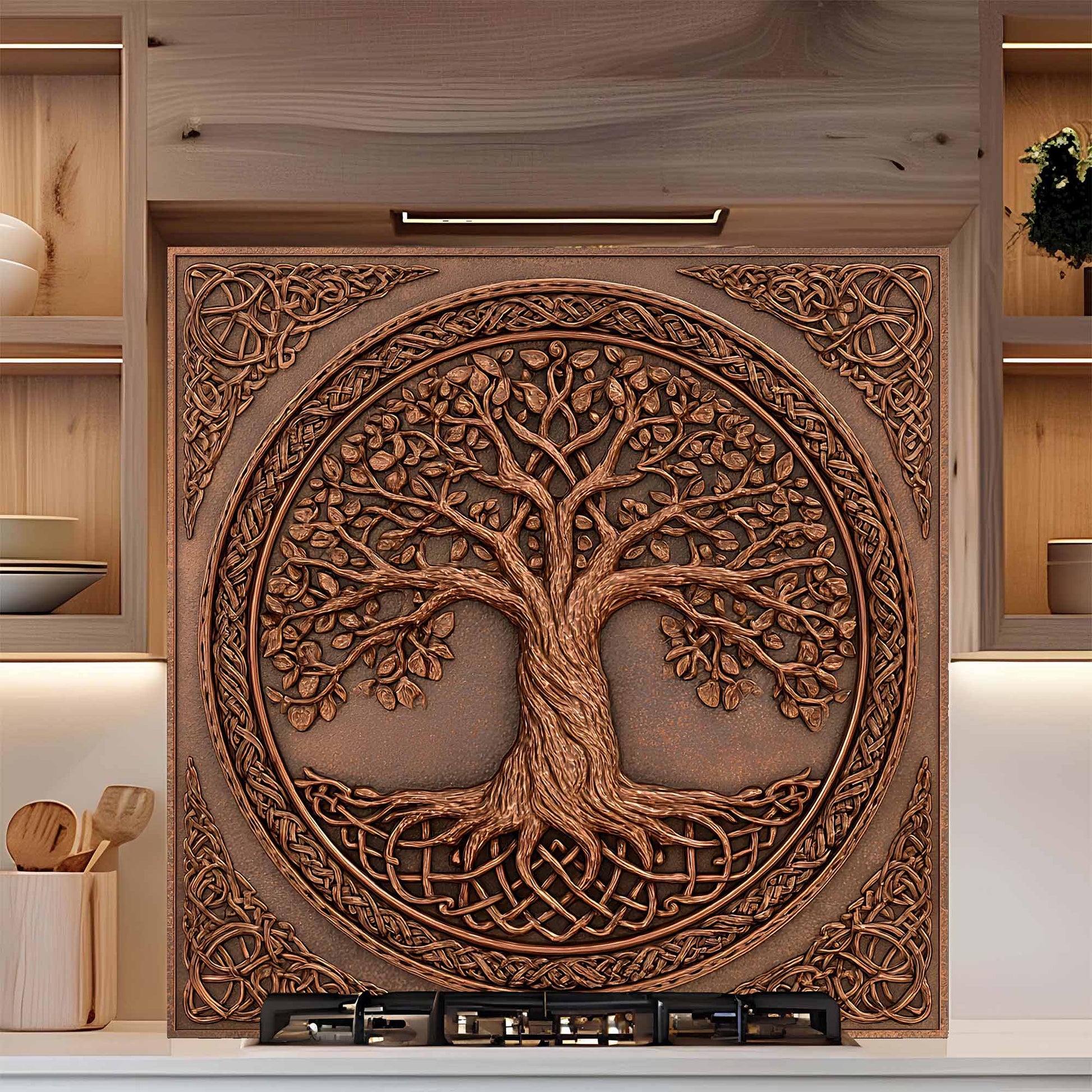 Tempered glass backsplash with tree of life design in a kitchen setting