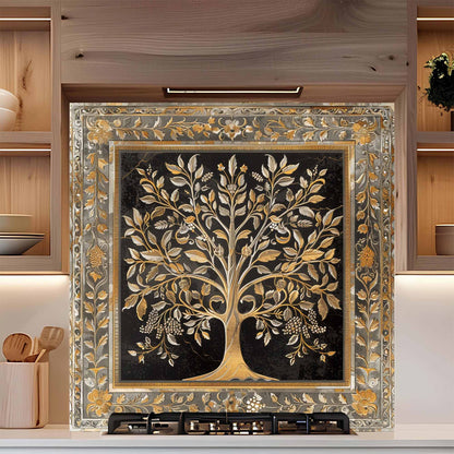 Decorative glass backsplash with a tree design in a decorative frame on a wooden shelf.