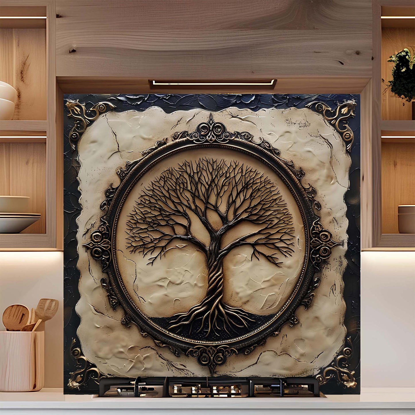Vintage Rooted Tree Tempered Glass Backsplash - Behind Stove Backsplash