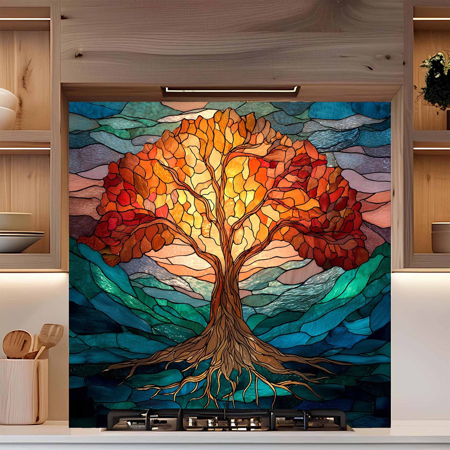 Decorative stove backsplash with a colorful tree design in a kitchen setting