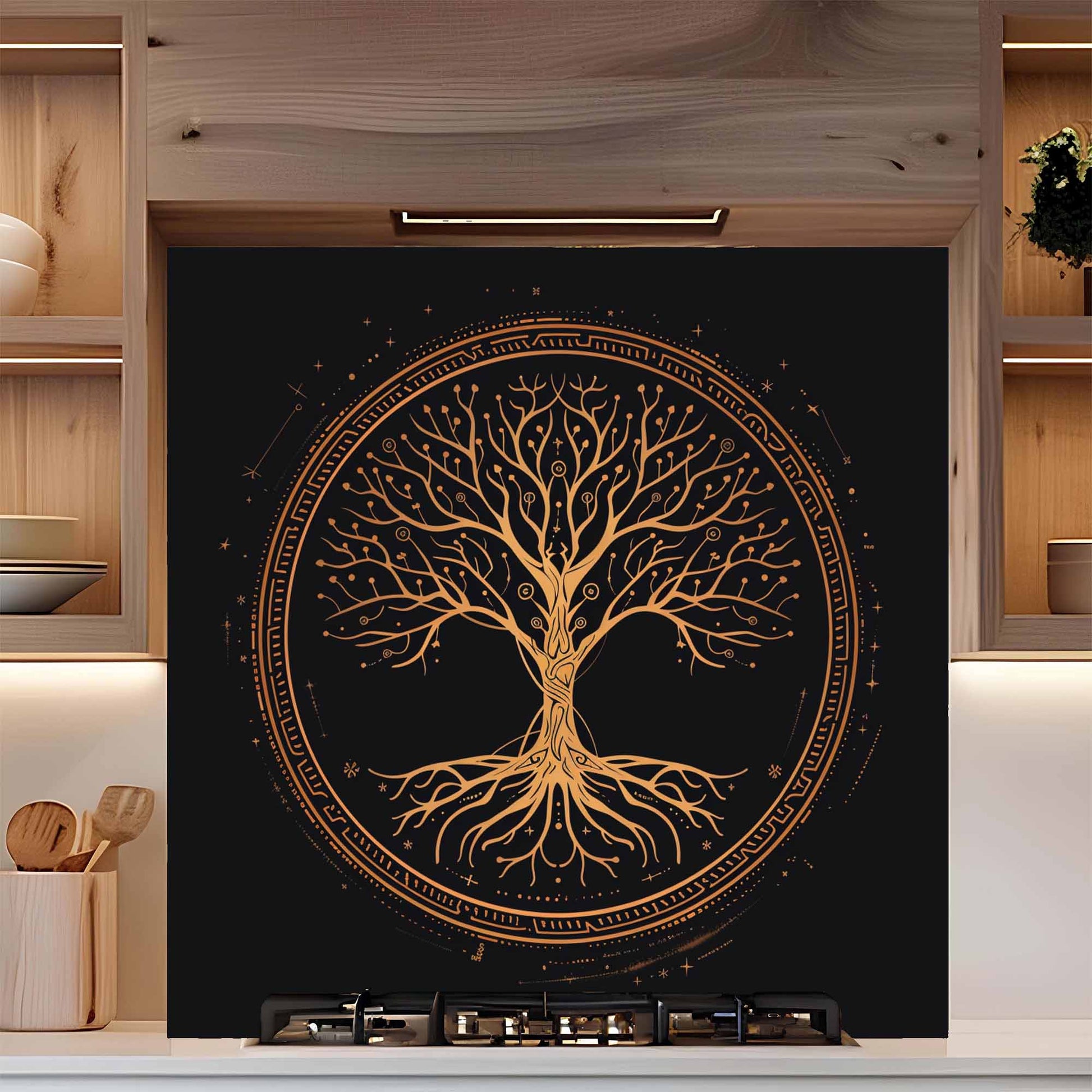 Backsplash with gold tree of life design on a black background in a kitchen setting.