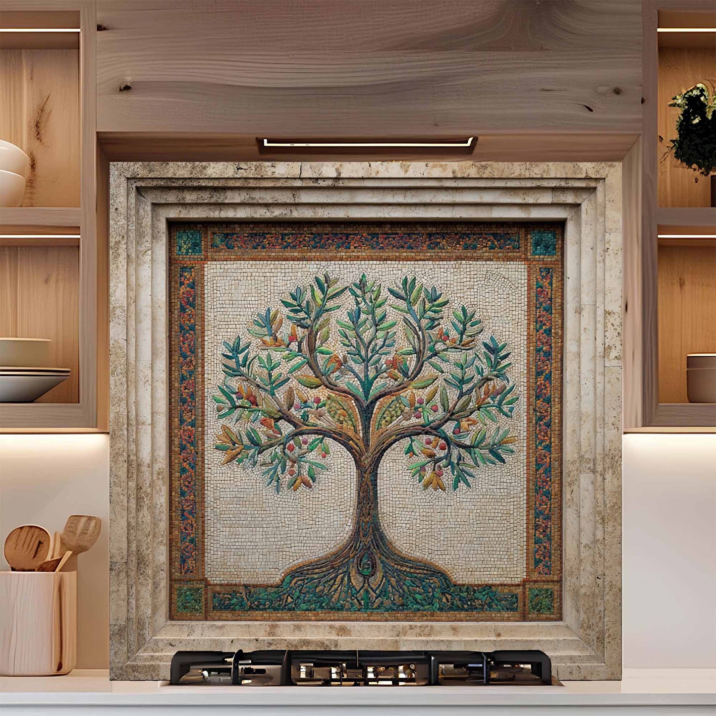 Mosaic backsplash of a tree on a wall in a kitchen setting