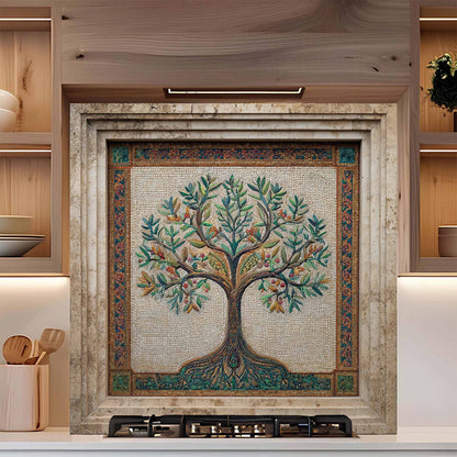 Mosaic backsplash of a tree on a wall in a kitchen setting