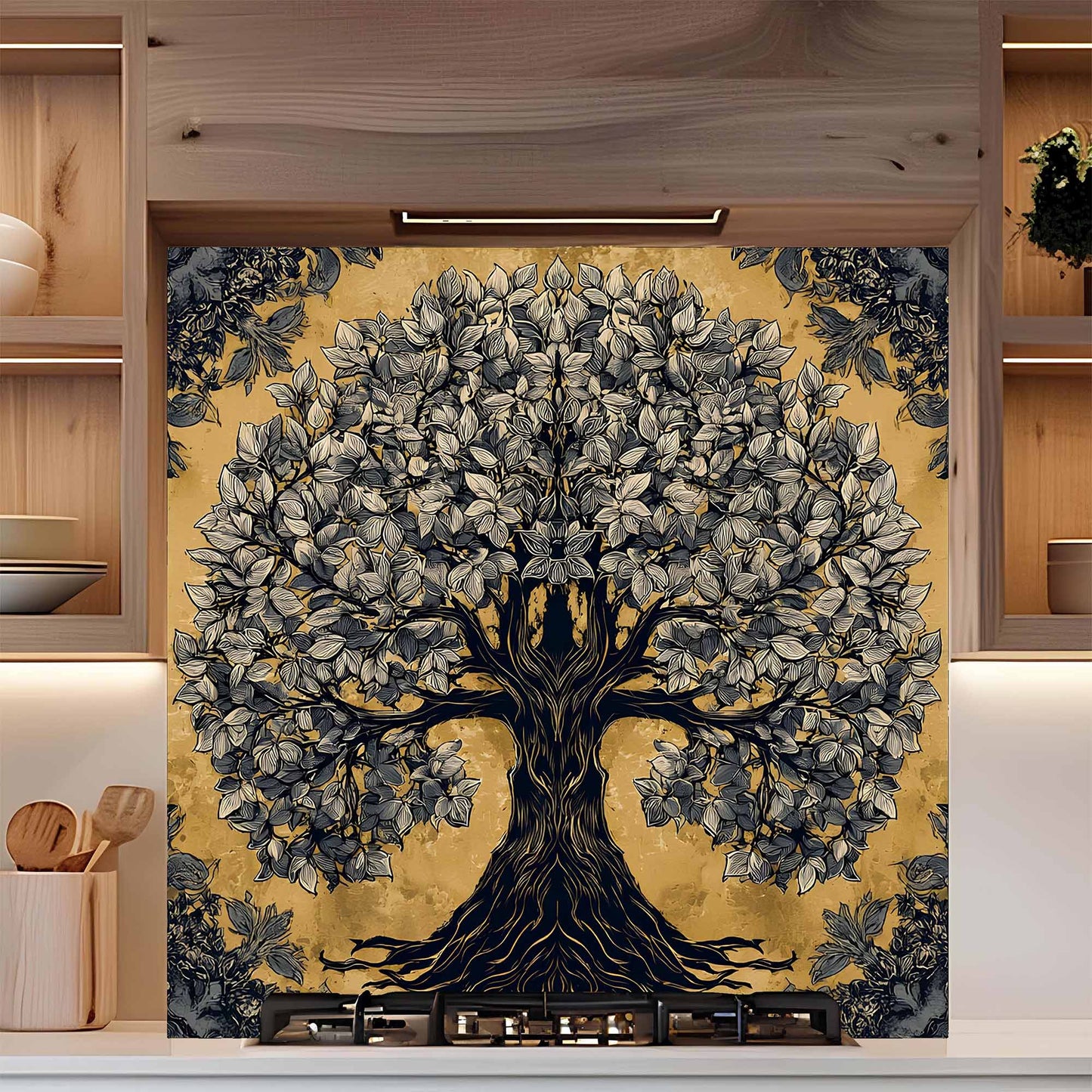 Decorative tree kitchen backsplash on a kitchen appliance with wooden cabinets and kitchen items in the background.