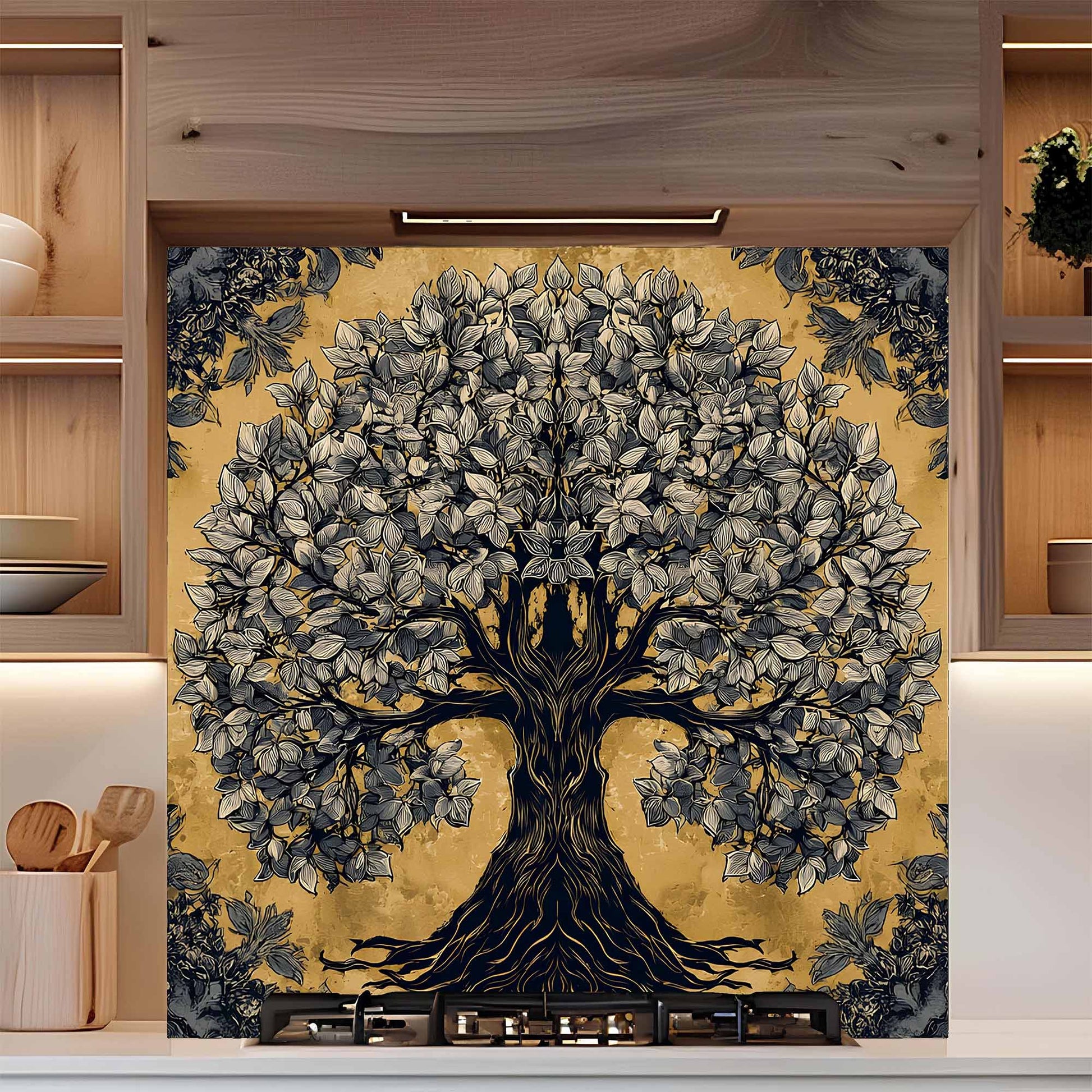 Decorative tree kitchen backsplash on a kitchen appliance with wooden cabinets and kitchen items in the background.