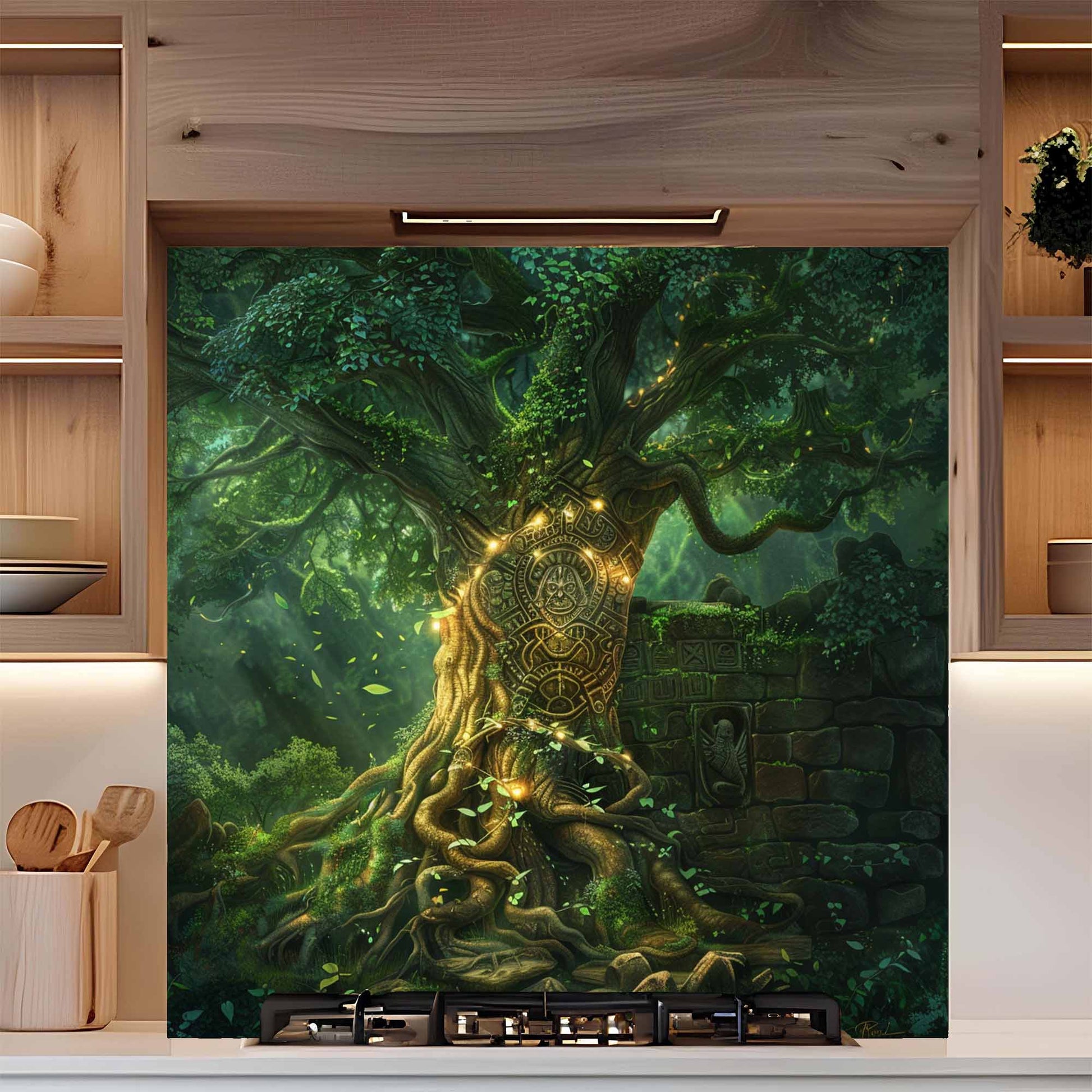 Decorative wall mural of a tree with roots on a kitchen wall