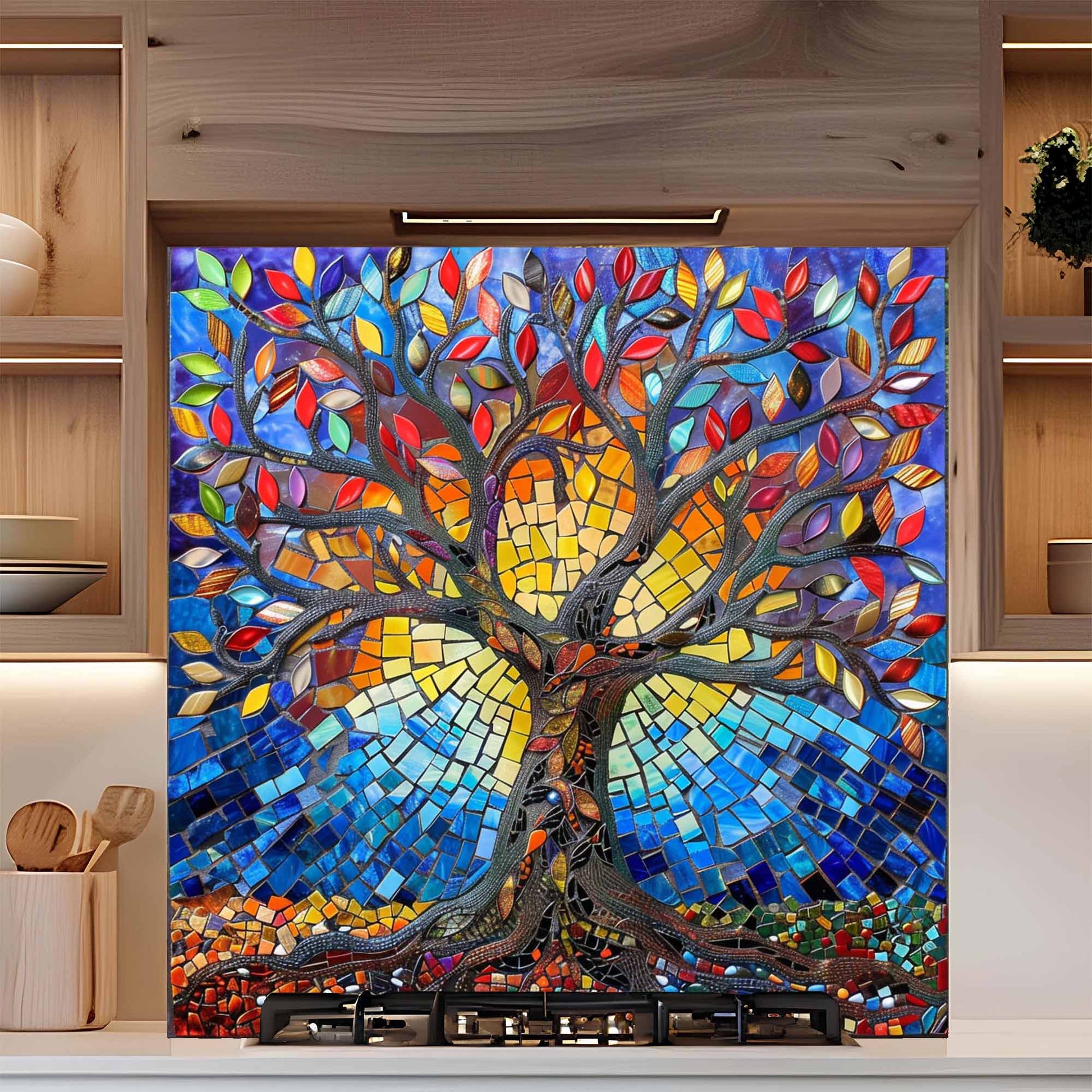Colorful mosaic tree design on a kitchen backsplash