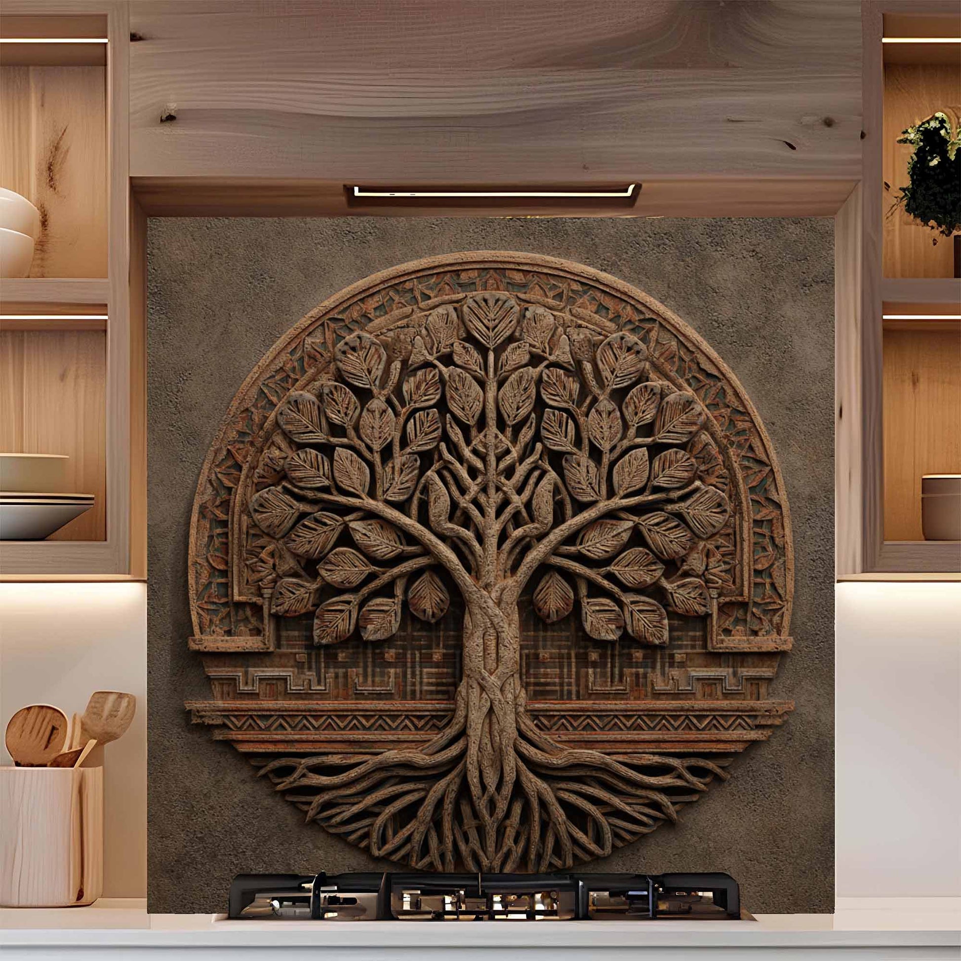 Decorative backsplash of a tree with intricate design on a stone background