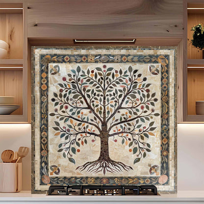 Decorative backsplash of a tree with intricate patterns in a home setting