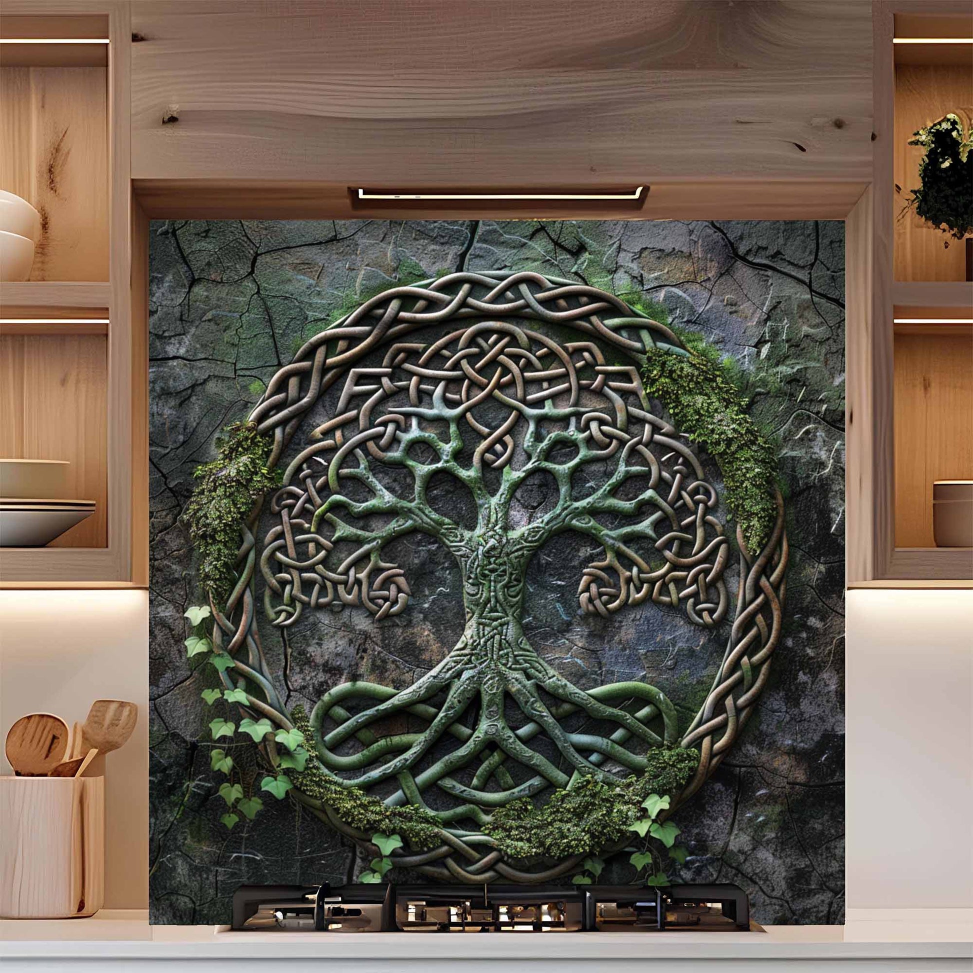 Kitchen backsplash with tree design