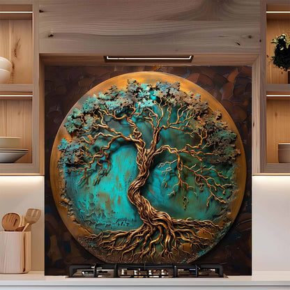 Tempered glass backsplash with a tree design on a stove in a kitchen setting