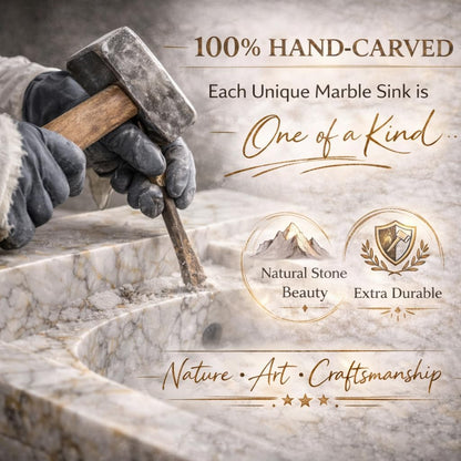 Artisan hand-carving black marble vessel sink from single natural stone block