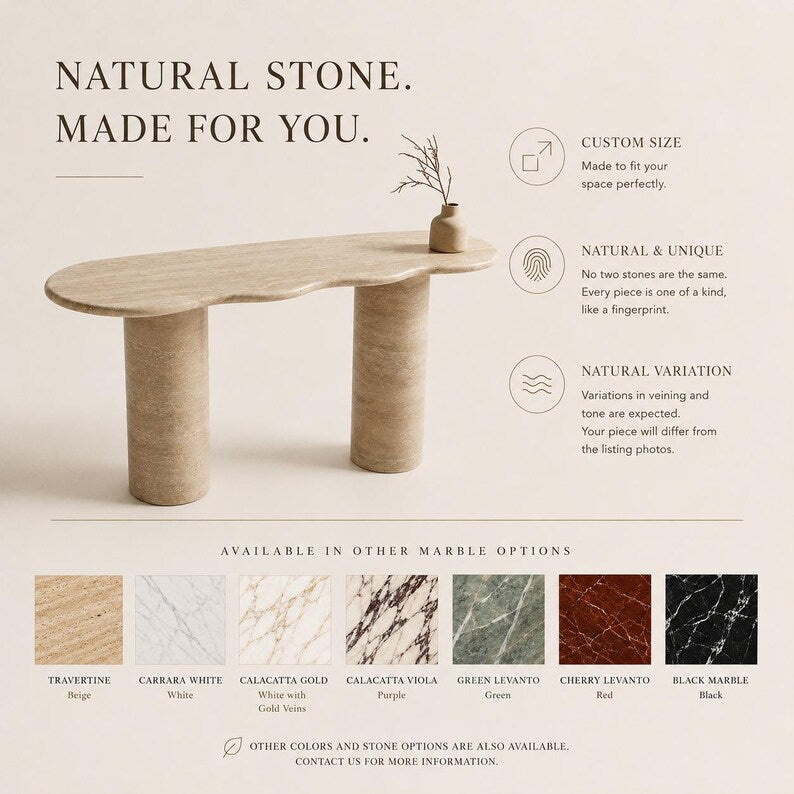 Natural stone table with marble color options on a beige background