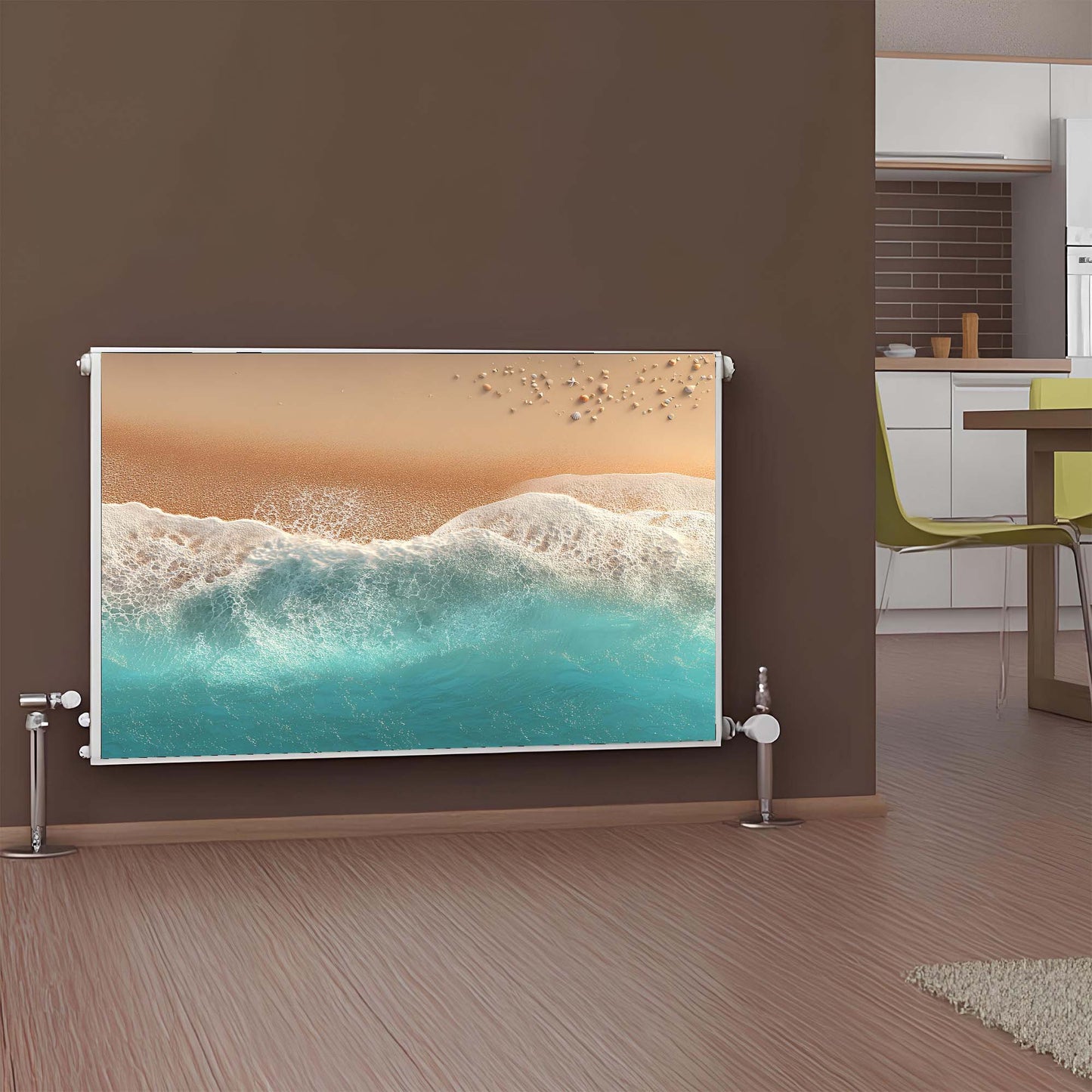 Magnetic radiator cover with beach scene design in a modern kitchen.