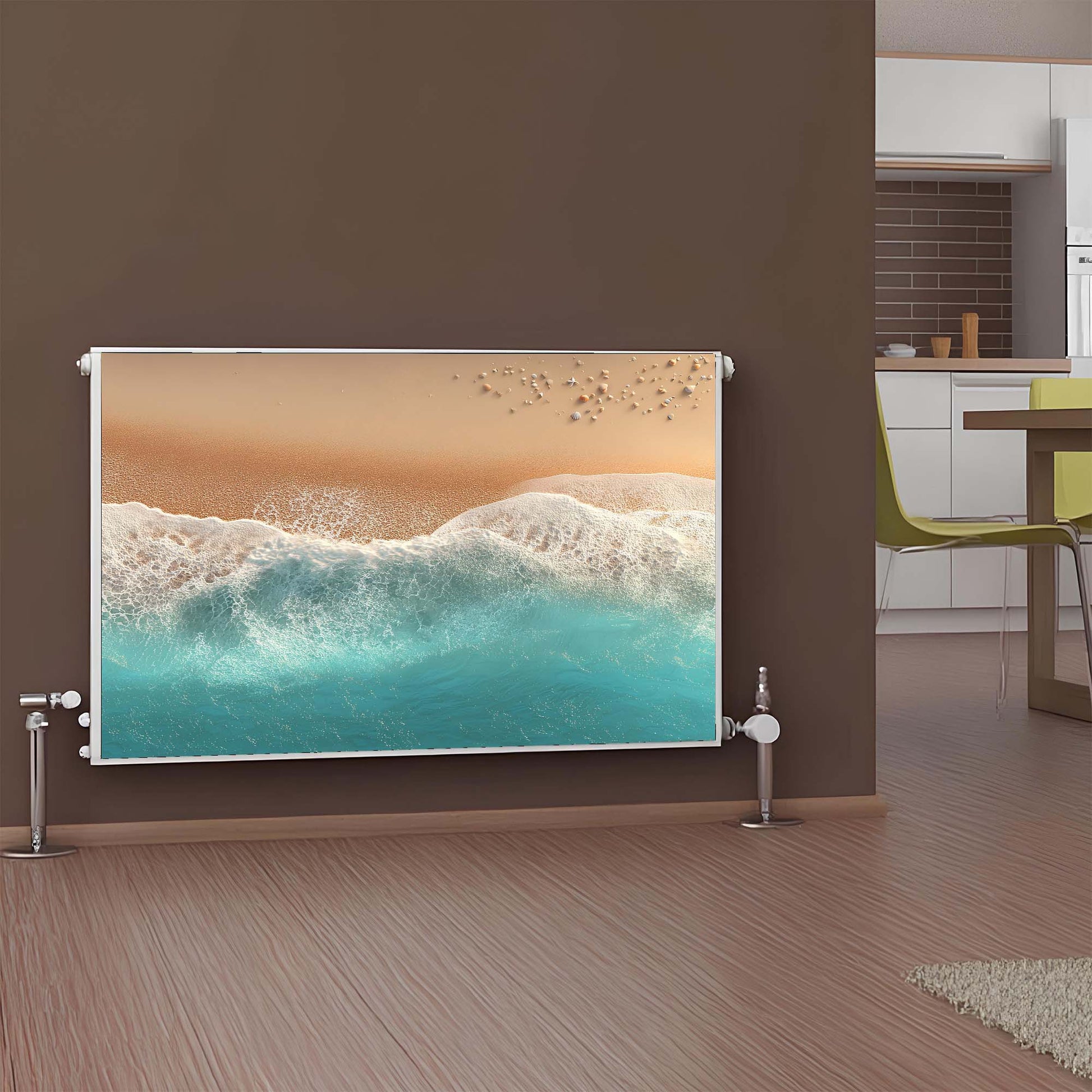 Magnetic radiator cover with beach scene design in a modern kitchen.