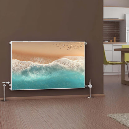 Magnetic radiator cover with beach scene design in a modern kitchen.