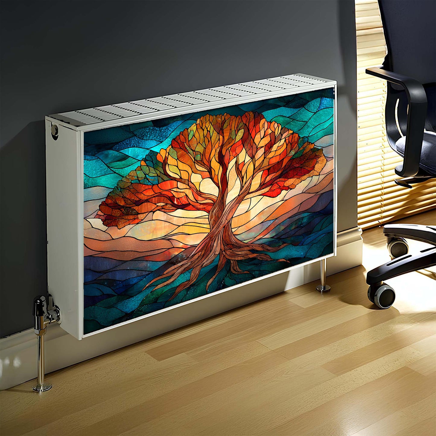 Decorative radiator cover with a colorful tree design in a room with a chair.