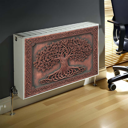 Decorative magnetic radiator cover with tree design in a room setting