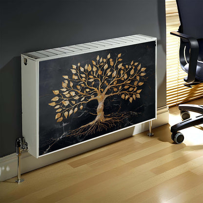 Decorative magnetic radiator cover with tree design on a wall in an office setting