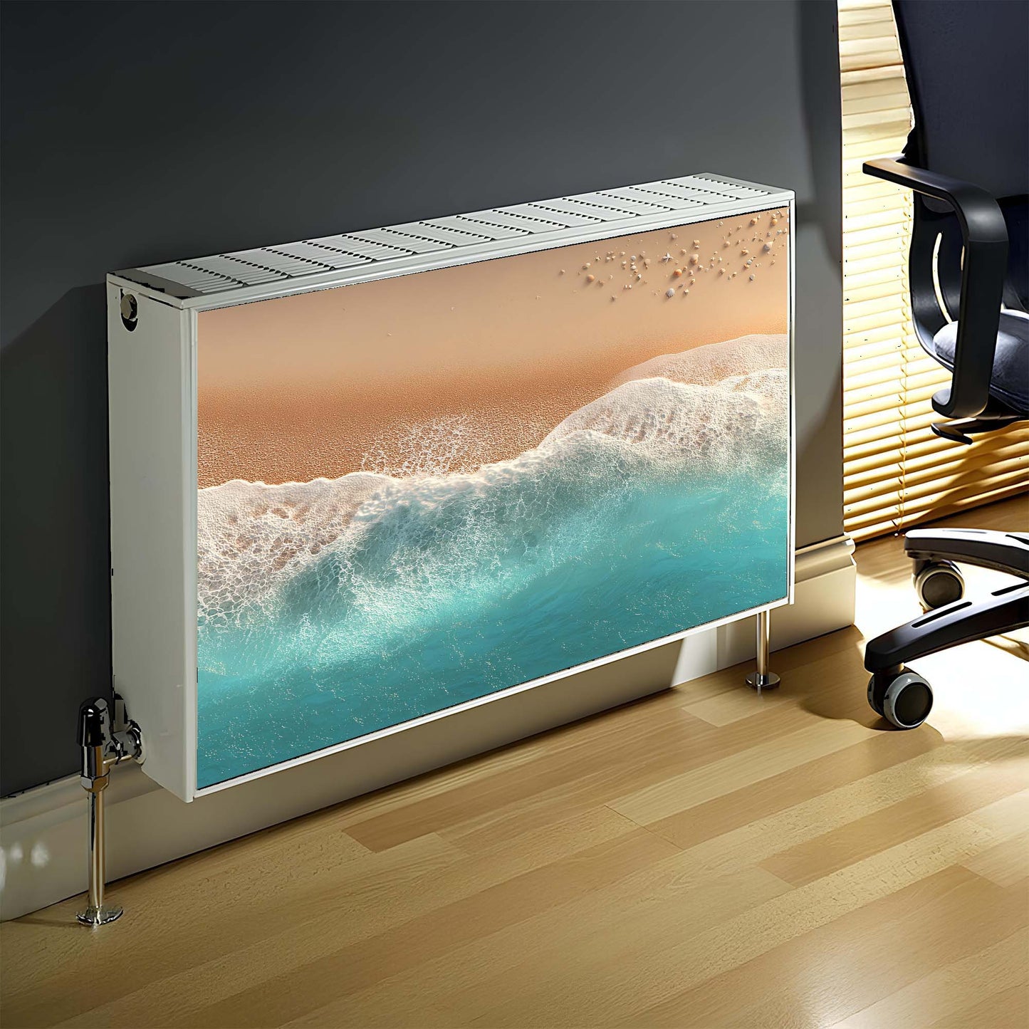 Magnetic radiator cover with a beach scene design in an office setting
