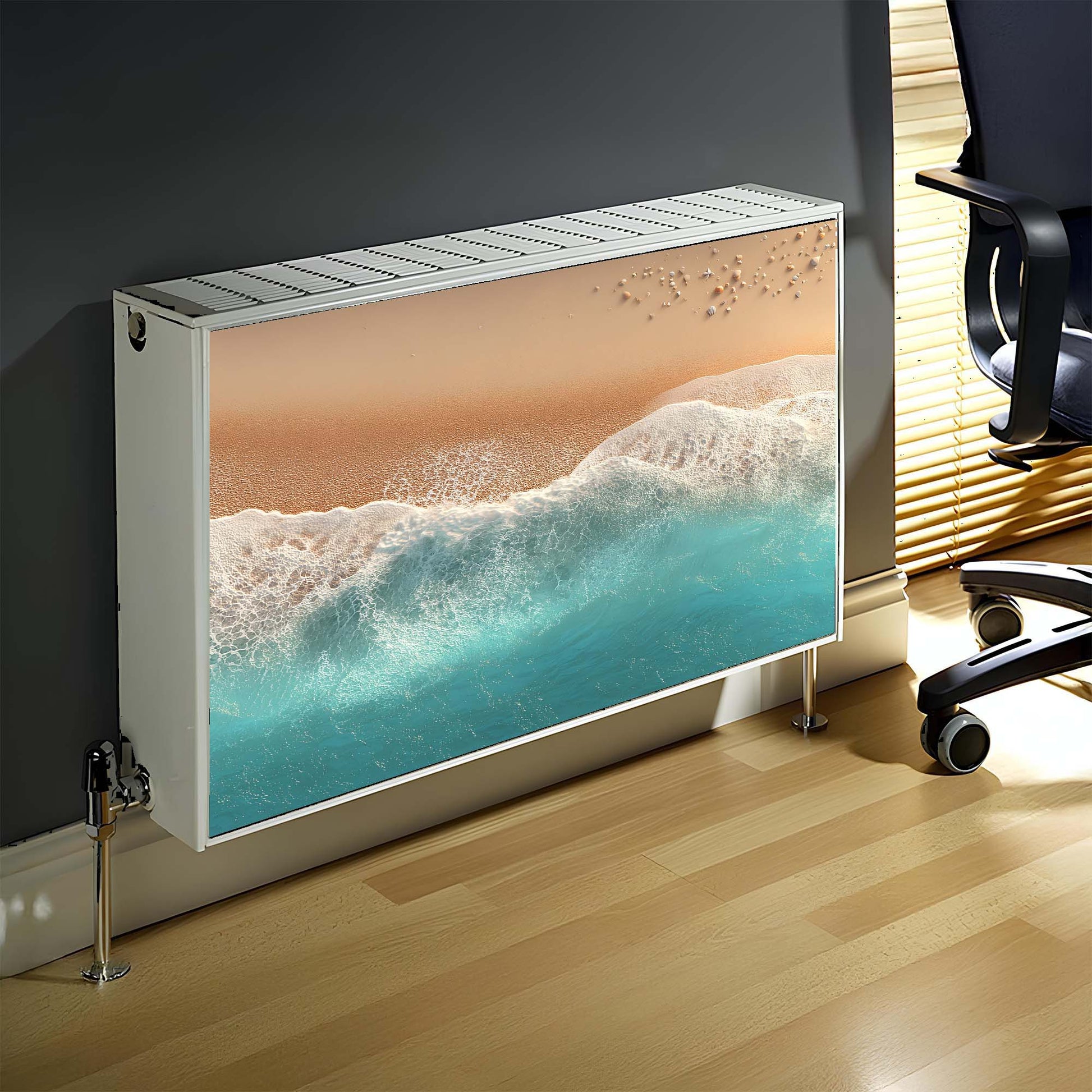 Magnetic radiator cover with a beach scene design in an office setting