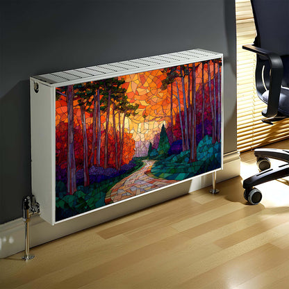Decorative magnetic radiator cover with a colorful forest design in an office setting