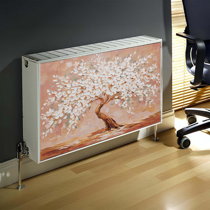 Magnetic radiator cover featuring a cherry blossom tree design in a room.