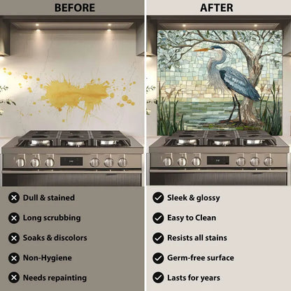 Before and after comparison of a kitchen stove with a decorative backsplash.