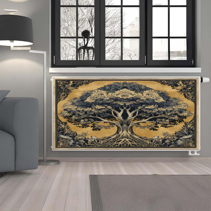 Decorative radiator cover with tree design in a modern living room.