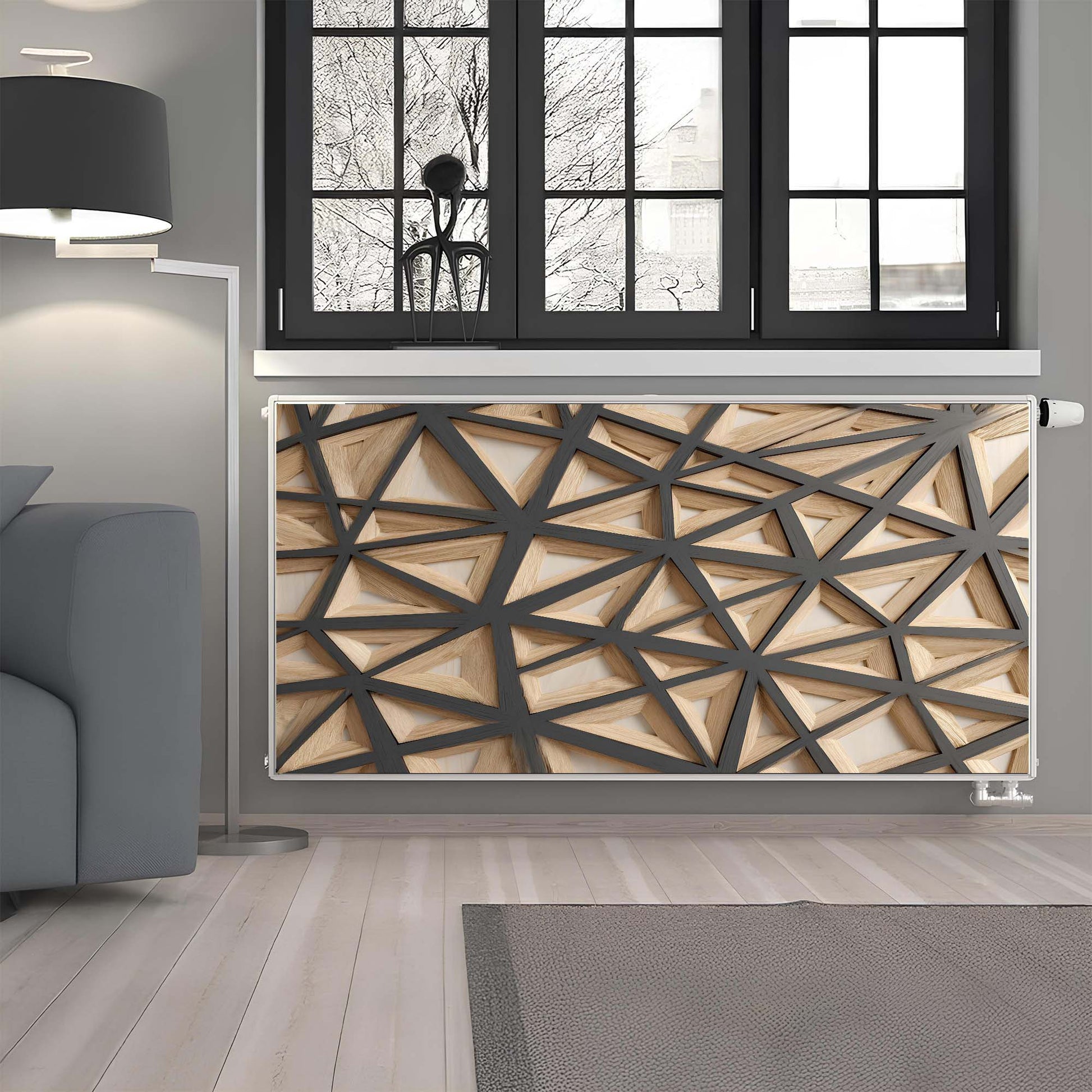 Decorative magnetic radiator cover with geometric design in a modern living room.