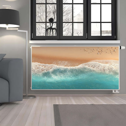 Magnetic radiator cover with a beach scene design in a modern living room.
