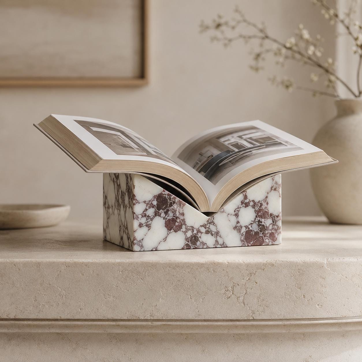 Calacatta marble book stand displaying an open book on a neutral shelf.
