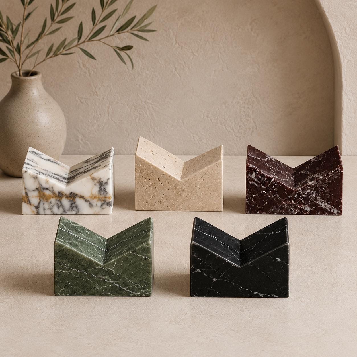 Seven handmade marble and travertine book stands displayed together in natural stone options.