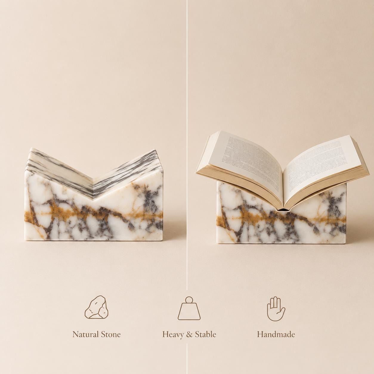 Marble book stand dimensions and open-book display infographic.