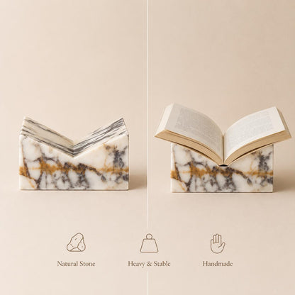 Marble book stand dimensions and open-book display infographic.
