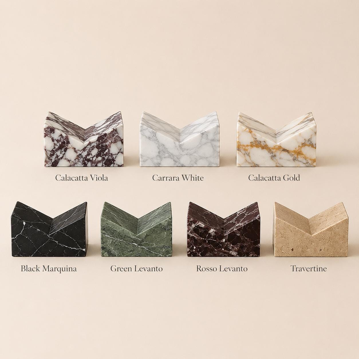 Seven labeled stone options: Calacatta Viola, Carrara White, Calacatta Gold, Black Marquina, Green Levanto, Rosso Levanto, and Travertine.