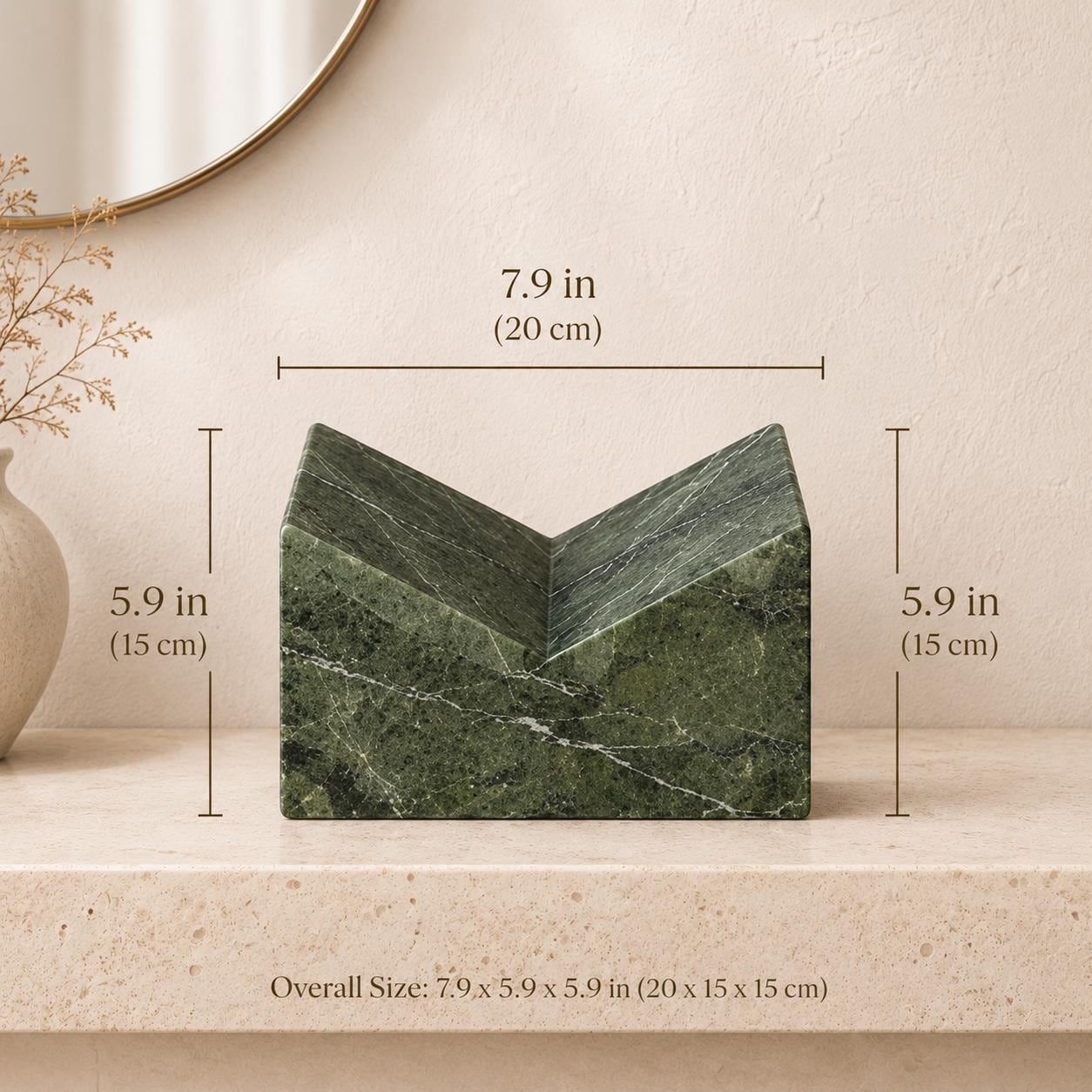 Green Levanto marble book stand front view with natural white veining.
