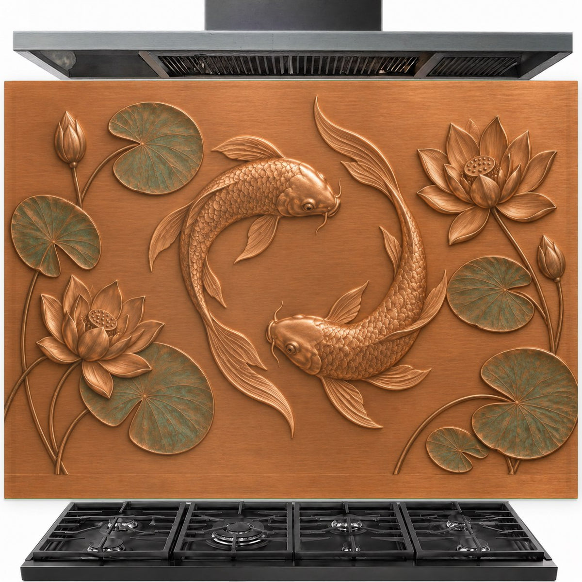 Lotus Koi tempered glass backsplash installed behind a modern stainless steel gas stove