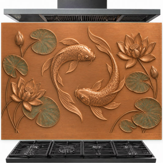 Lotus Koi tempered glass backsplash installed behind a modern stainless steel gas stove