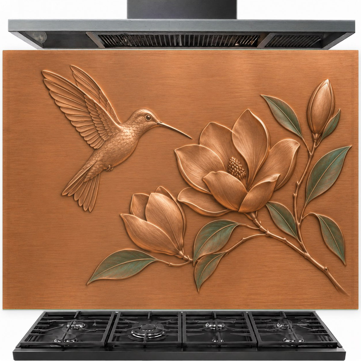 Magnolia Hummingbird tempered glass backsplash installed behind a stainless steel kitchen stove