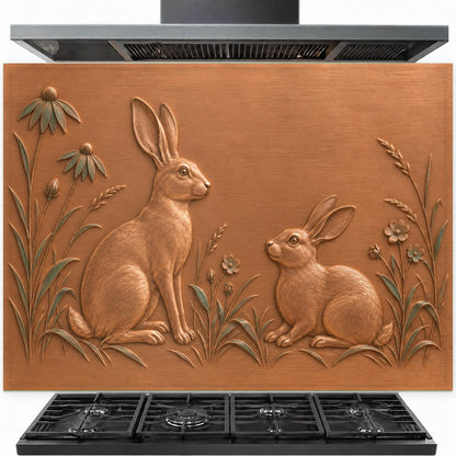 Meadow hares tempered glass kitchen backsplash panel behind gas stove