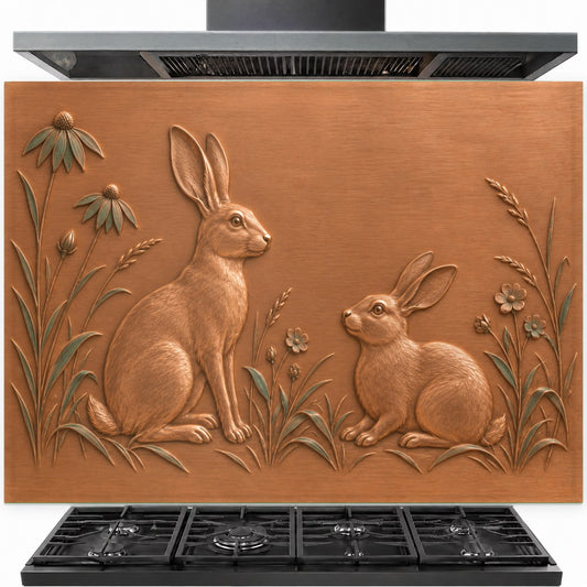 Meadow hares tempered glass kitchen backsplash panel behind gas stove