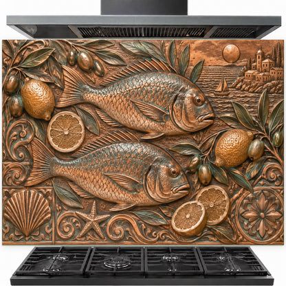 Mediterranean Catch tempered glass backsplash installed behind a modern gas stove
