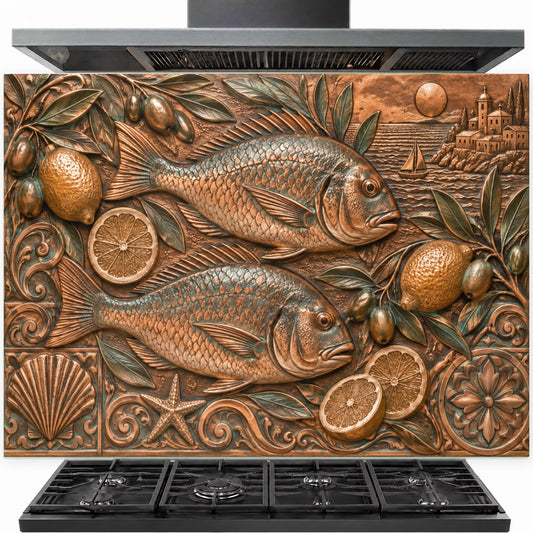 Mediterranean Catch tempered glass backsplash installed behind a modern gas stove