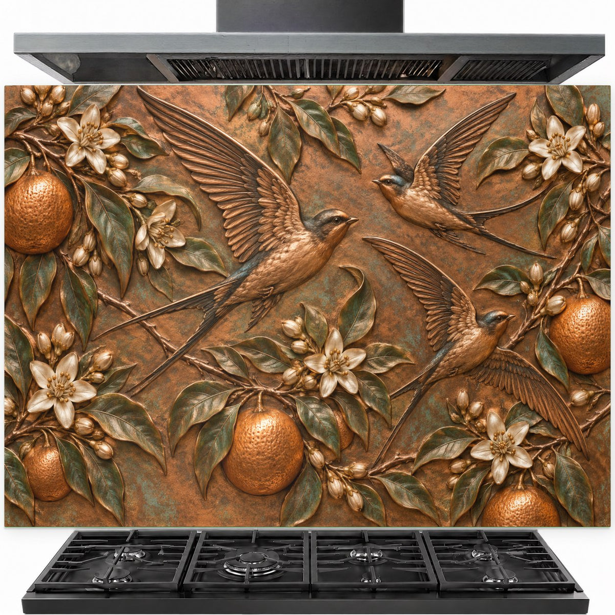 Orange Swallows tempered glass backsplash installed behind a modern gas stove