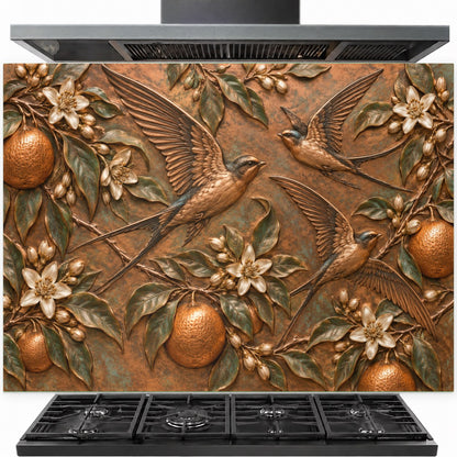 Orange Swallows tempered glass backsplash installed behind a modern gas stove