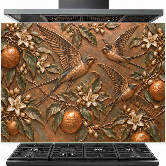 Orange Swallows tempered glass backsplash installed behind a modern gas stove